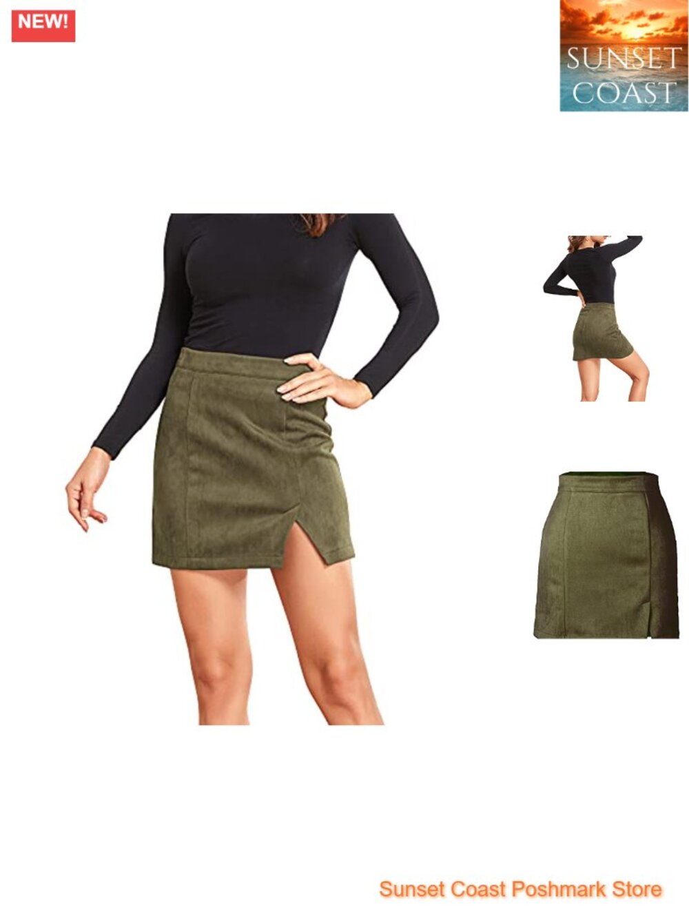 Women's High Waist Faux Suede Side Split Bodycon Mini Skirt